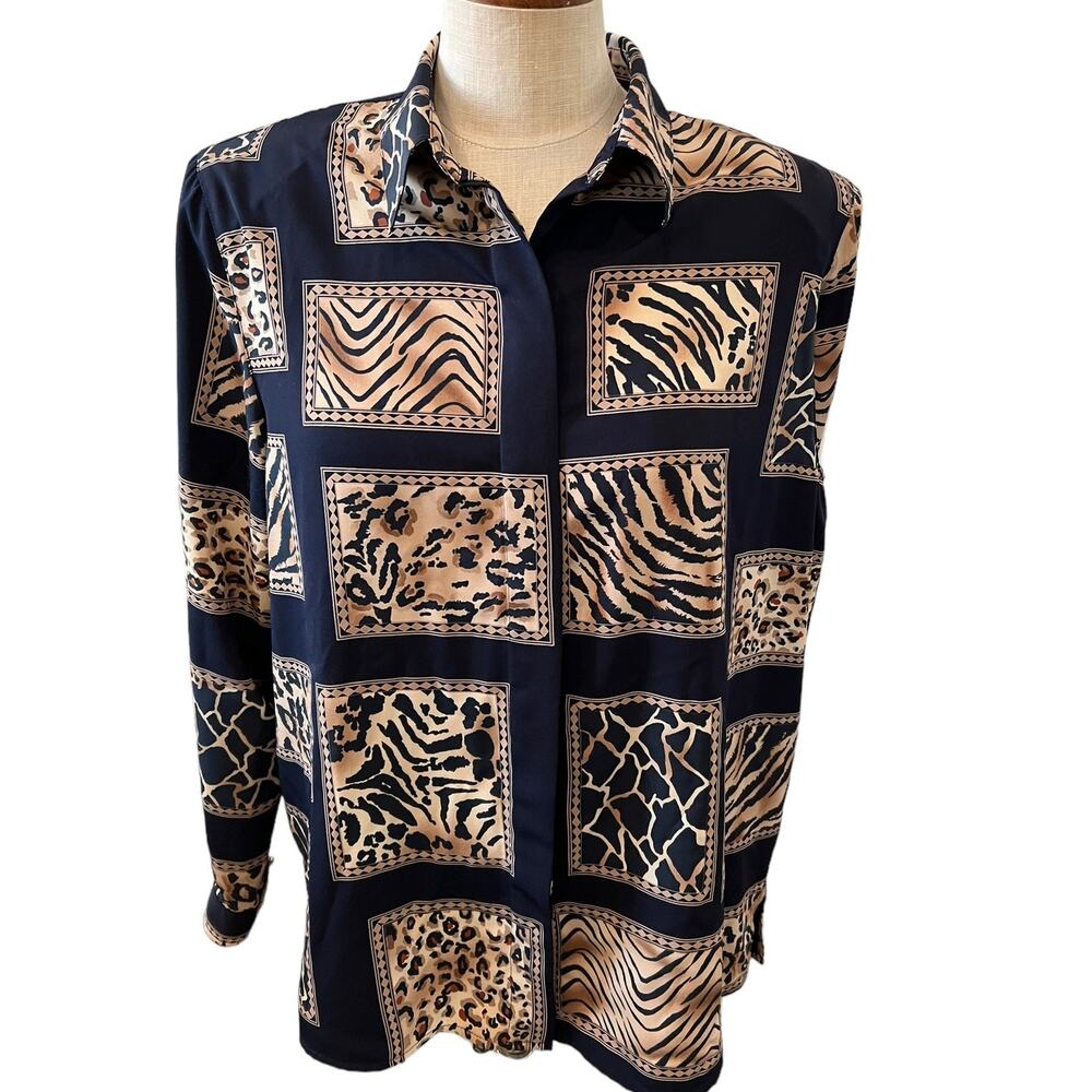 Vintage 80s Alfred Dunner Button down Shirt Animal Print Patchwork